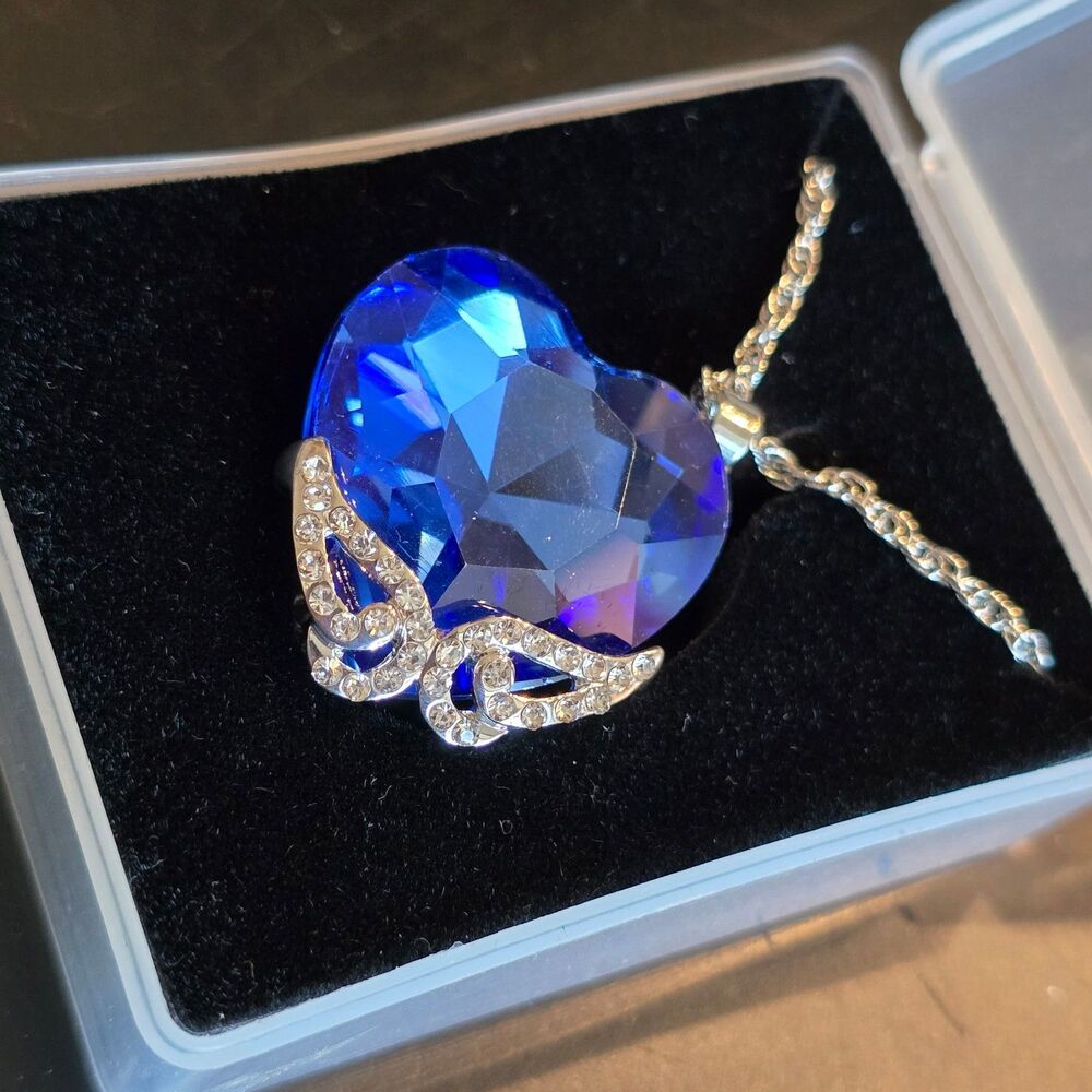 Heart of the Ocean Necklace large blue heart and rhinestone embellished Stunning
